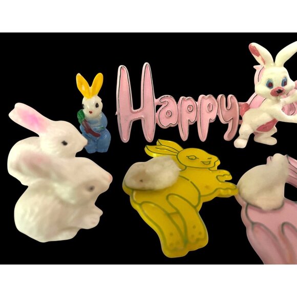 Vintage Easter Bunny Cake Toppers 11 Pieces Plastic & Flocked Decorations - Picture 2 of 4